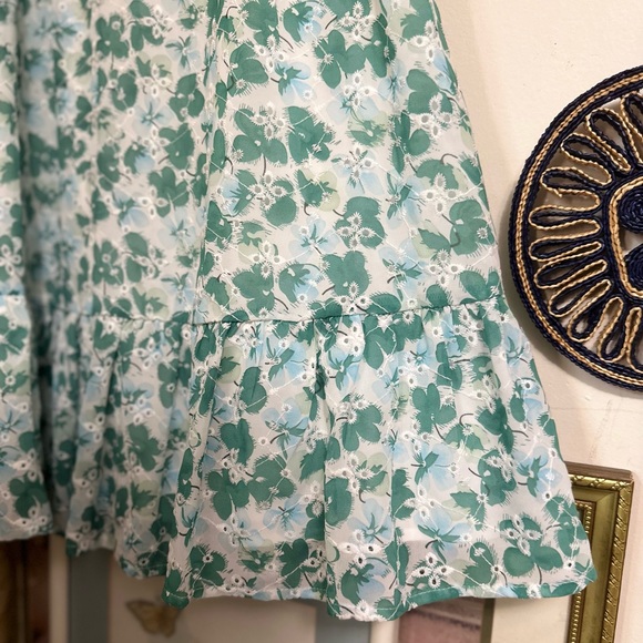 ACOA blue and green floral eyelet bustier puff sleeve dress (M) - Picture 2 of 6